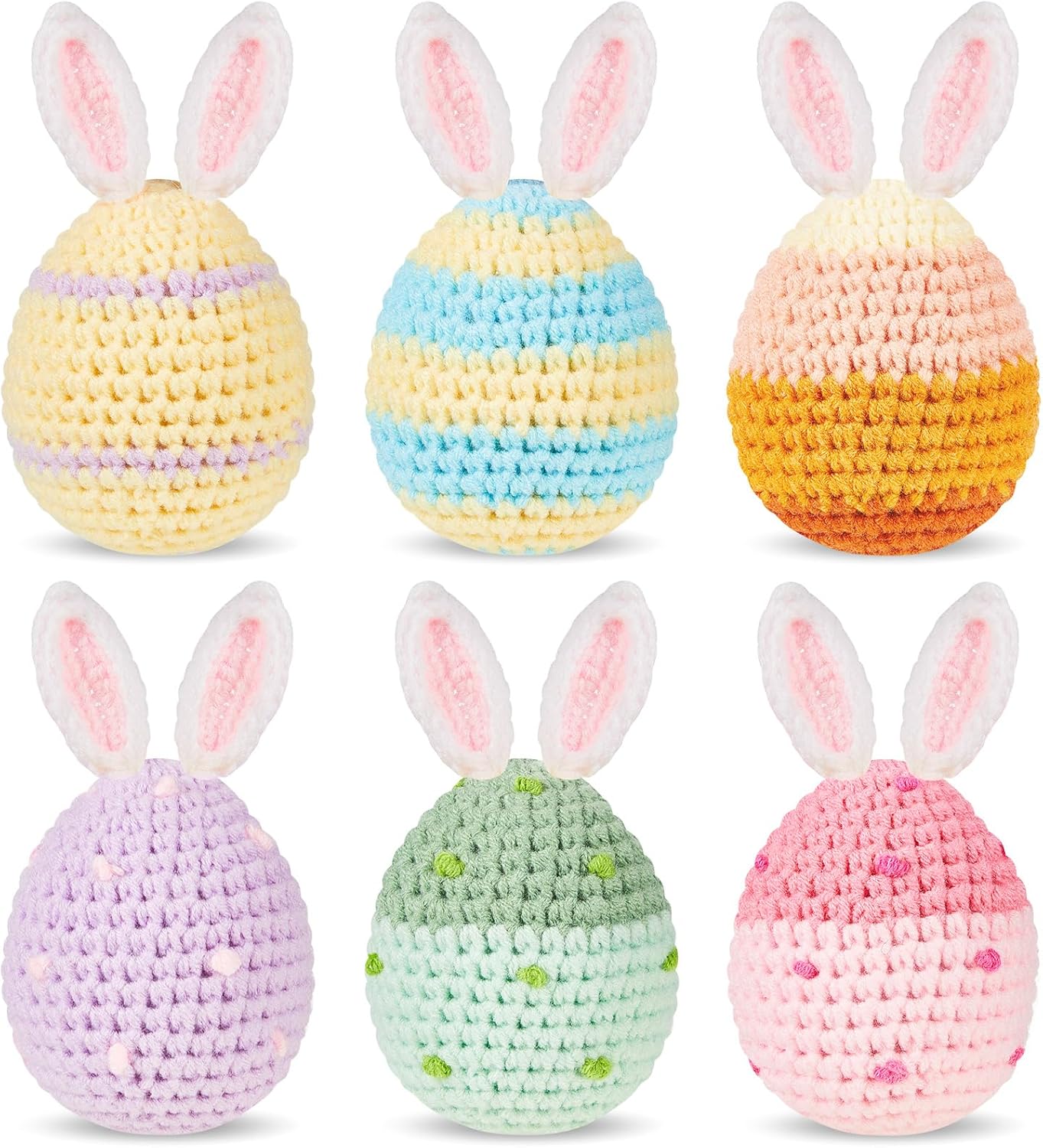 6 Pcs Decorative Easter Eggs Knitted Easter Eggs Ornaments Handmade Crochet Bunny Ear Egg for Easter Basket Fillers