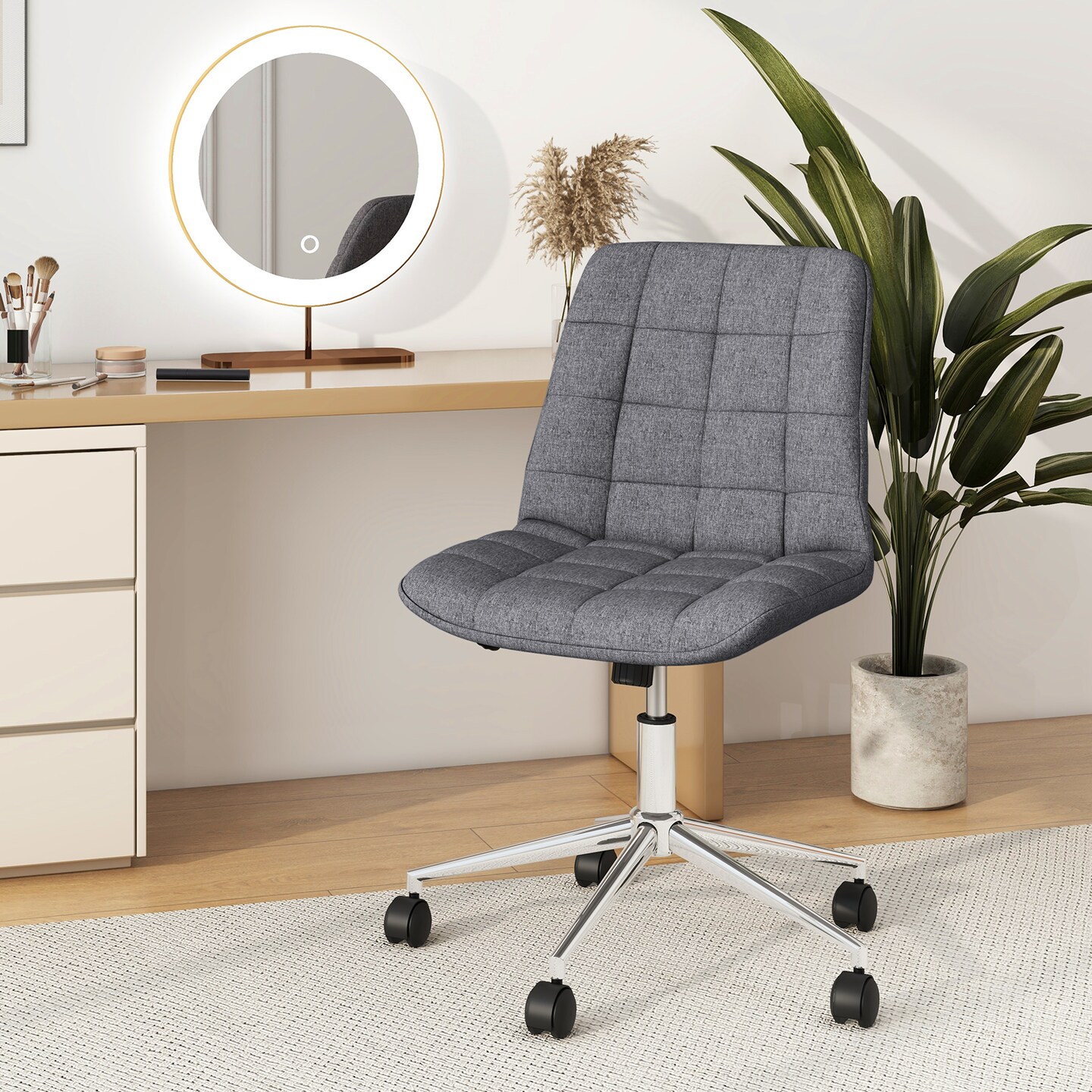 Adjustable Height Upholstered Armless Desk Chair with 5 Smooth Rolling Wheels and Metal Base
