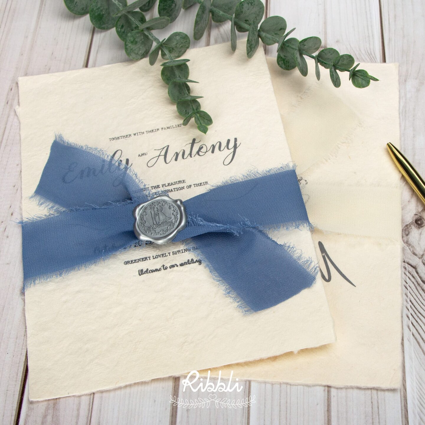 4 Rolls Dusty Blue Chiffon Ribbon Set,Handmade Fringe Silk Ribbon Gauze,1.5 in x 5Yd Each,Ivory/Pastel Blue/Dusty Blue/Dark Blue Ribbon for Wedding Invitations, Bridal Bouquets Wrapping