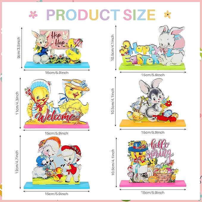 6Pcs Easter Wooden Table Sign Decoration Spring Freestanding Wood Tabletop Centerpiece Signs Retro Happy Easter Eggs Bunny Chick for Home Table Tiered Tray Party Decor