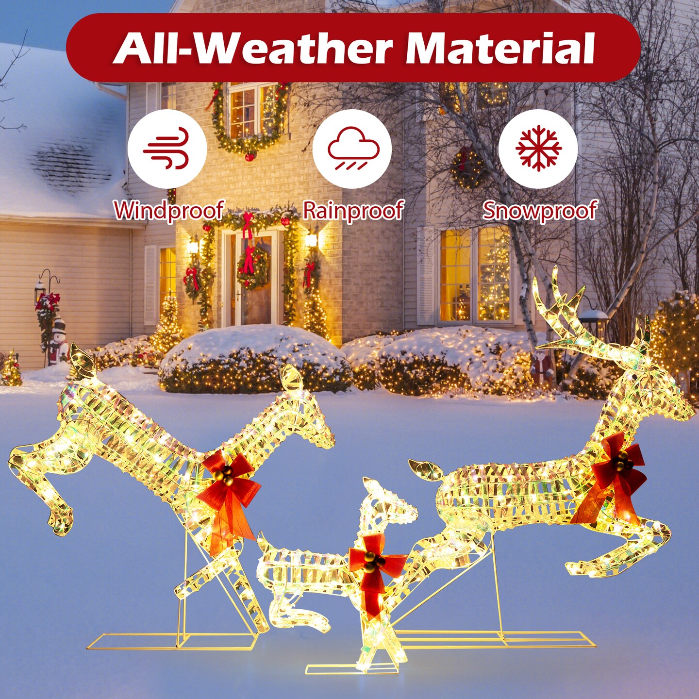 3-Piece Lighted Christmas Reindeer Family with LED Lights and Bows