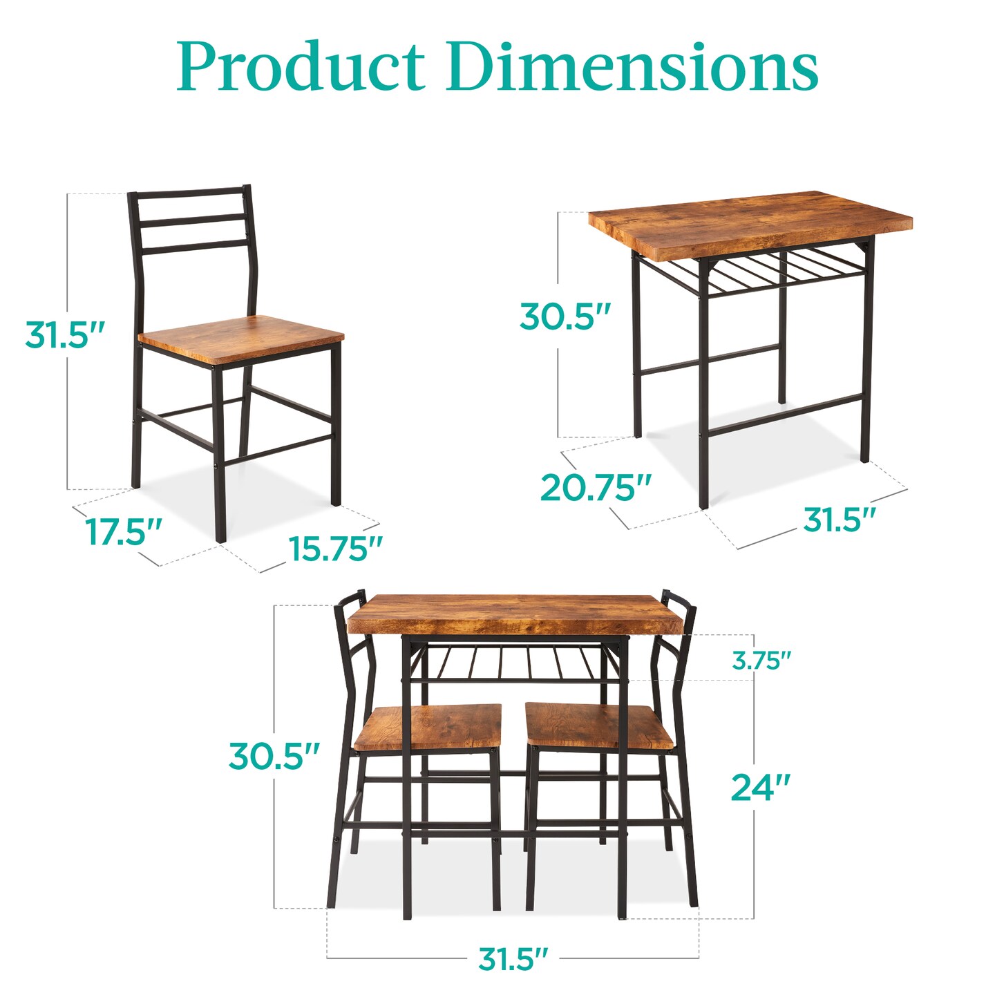 Best Choice Products 3-Piece Modern Dining Set, Square Table &#x26; Chairs Set w/ Steel Frame, Built-In Storage Rack