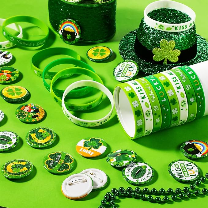 72 Pieces St. Patrick&#x27;s Day Party Favors Including Green Shamrock Bracelet Lucky Rubber Wristbands Irish Clover Badges Bulk for Saint Patrick&#x27;s Day Accessories Set Birthday Party Supplies Decor