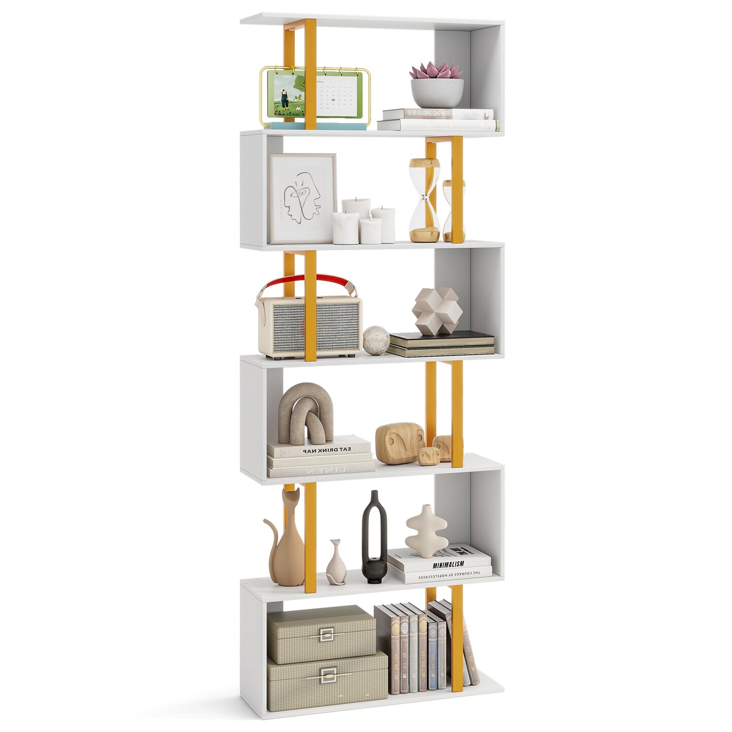 White-Gold Geometric Bookcase with Metal Frame and Anti-tipping Kits