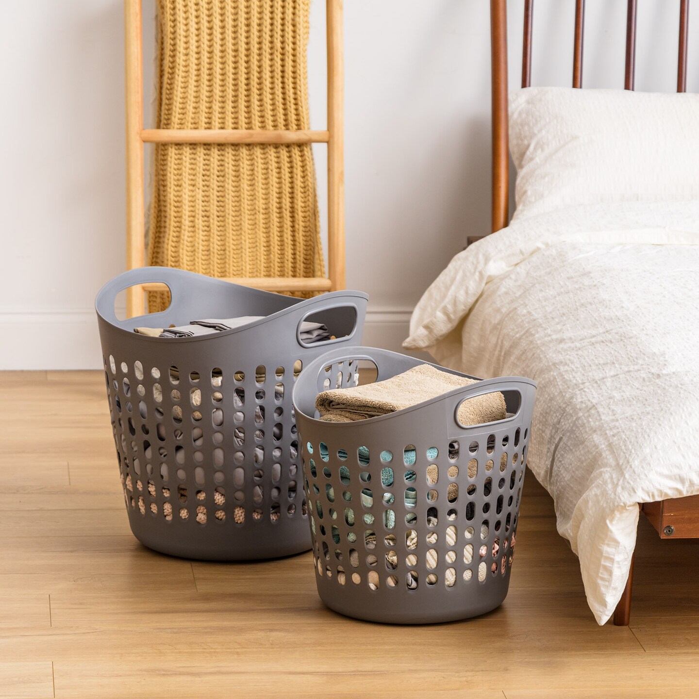 IRIS USA 3Pack Laundry Basket 40L Durable and Flexible, Portable Round Bin, 1.15 Bushel Hamper for Storage with Ventilation Holes for Closet Dorm, Gray