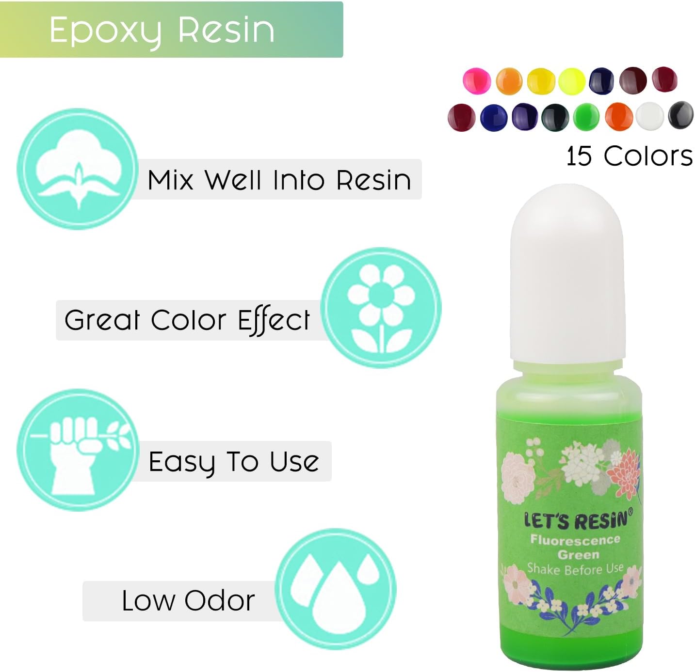 LET&#x27;S RESIN Epoxy Resin Dye,15 Color Translucent Epoxy Resin Pigment,Odorless Concentrated Epoxy Resin Paint Each 0.35oz,Liquid Resin Colorant for Resin Coloring,Epoxy Resin,Resin Molds