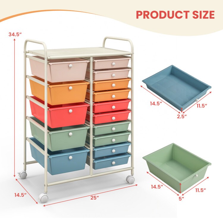 15-Drawers Multi-Use Rolling Storage Organizer Cart for Entryway, Bathroom and More