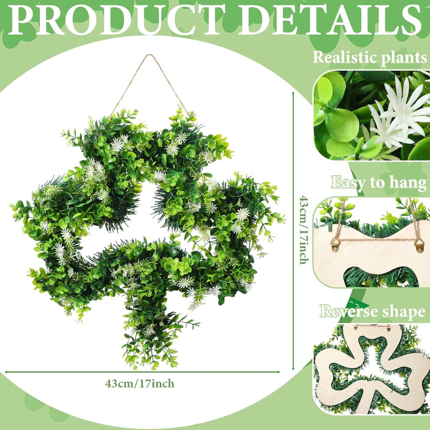 St Patricks Day Wreath for Front Door St Patricks Day Decorations 17 Inches Artificial Lucky Shamrock Door Wreath