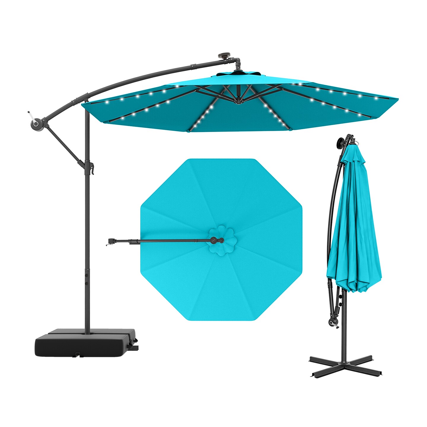 10 Ft Beige Steel Offset Cantilever Patio Umbrella with 40 Solar Powered LED Lights and Adjustable