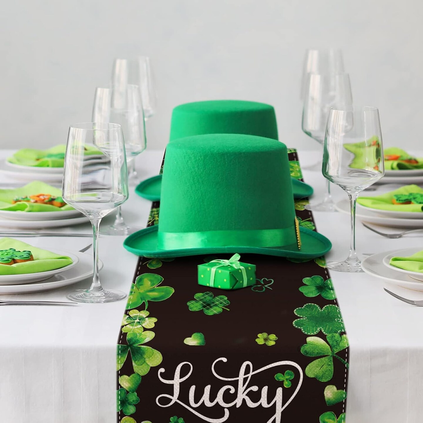 St. Patrick's Day Table Runner 13 x 72 Rectangle Green Black Shamrock Table Cover Watercolor Lucky Clover