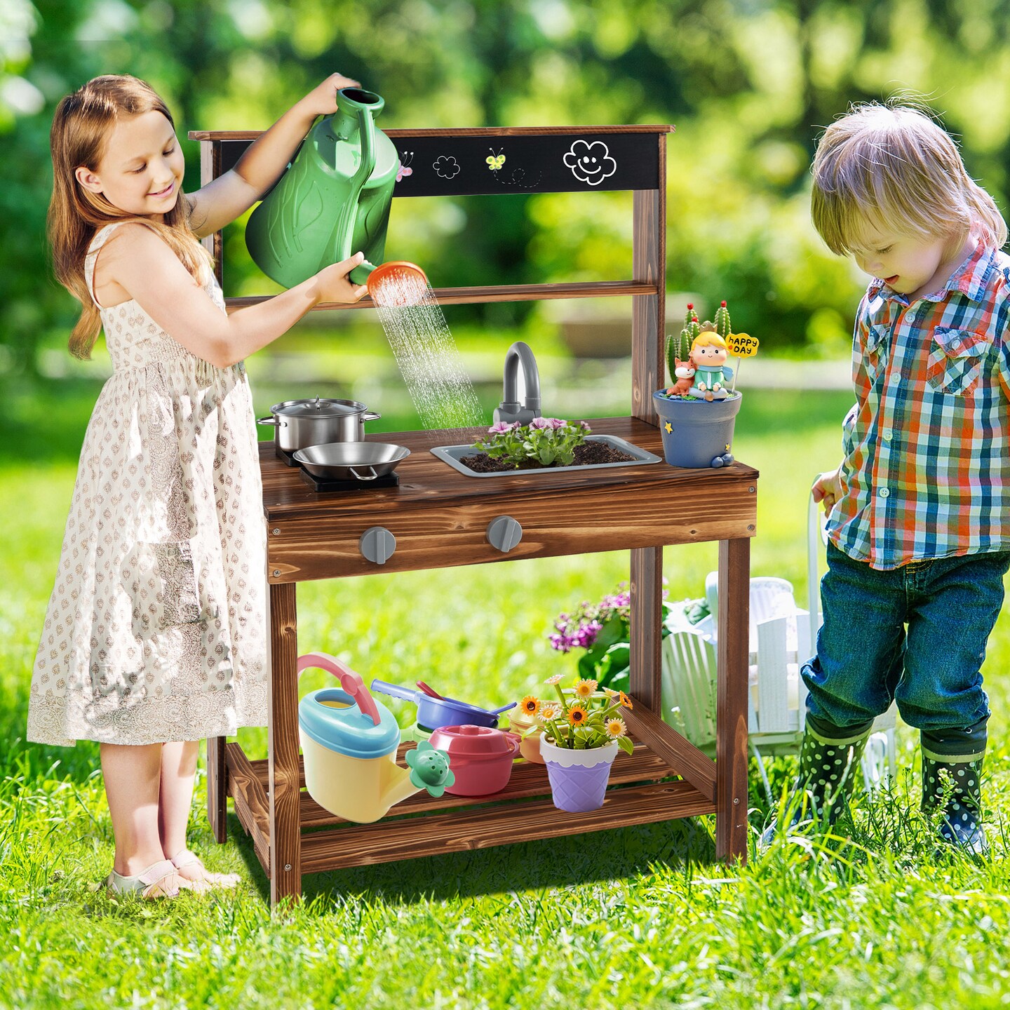 Wooden Outdoor Mud Kitchen for Kids with Rotatable Faucet and Removable Sink