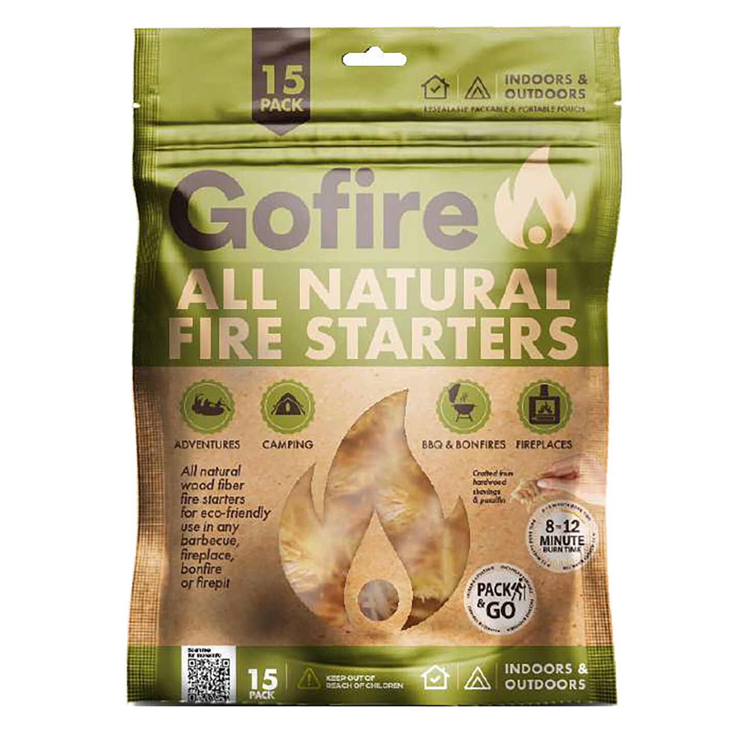 GoFire: All Natural Fire Starters - 15 Pack - Non-Toxic, Wood Fibers, Indoor &#x26; Outdoor, Earth-Friendly, for Campfires, Fireplaces &#x26; More