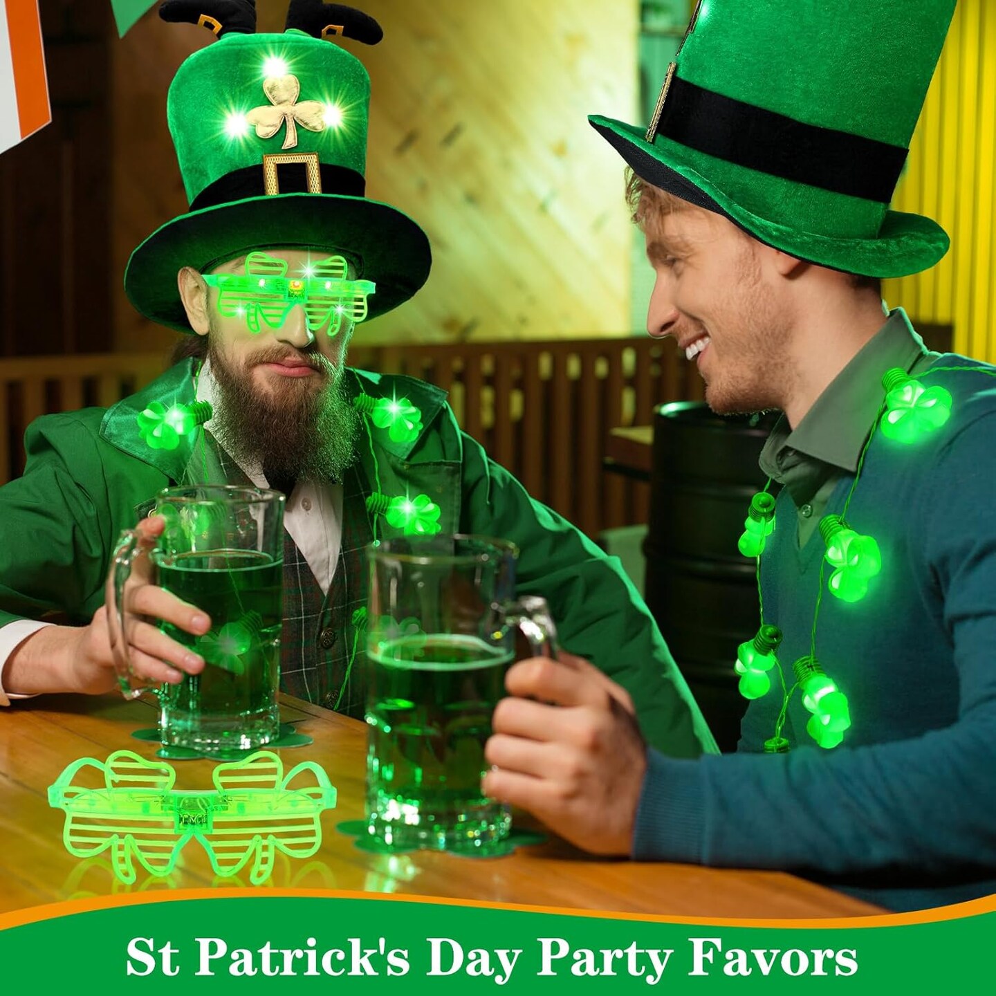 3 Pcs St. Patrick's Day Hats Irish LED Leprechaun Pants Hats Flashing Shamrock Necklaces and Light up Glasses St. Patrick's Day Costume Accessories for Party Supplies