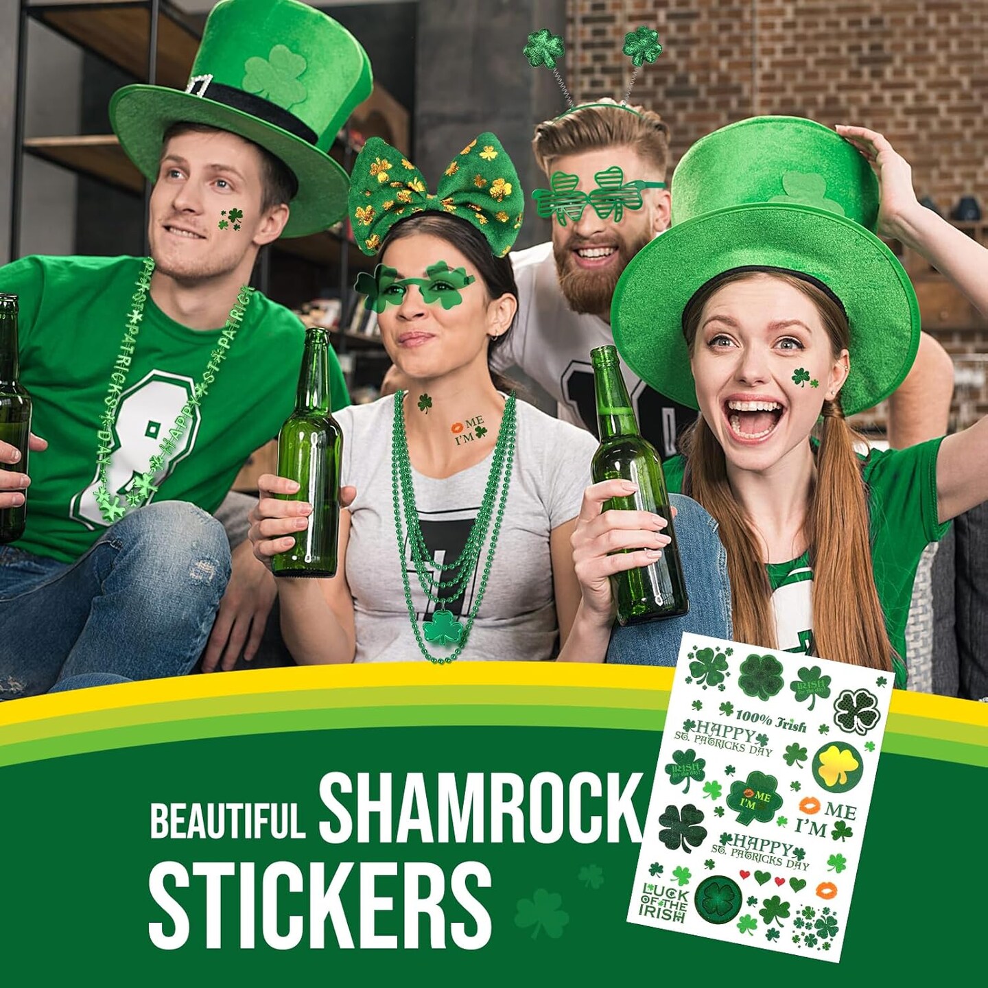 29Pack St Patricks Party Favors of 16pcs Shamrock Beads Necklace Bulk, 6pcs Clover Eyewear Sunglasses, 6pcs Green Hats Headband, 1pc St. Patrick&#x27;s Day Stickers Party Dressing-up Costume Accessories