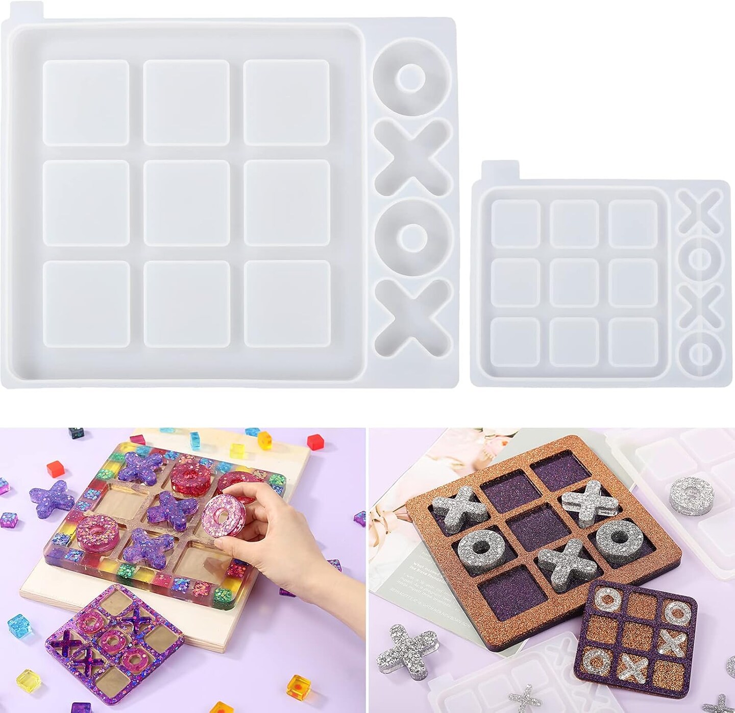 LET&#x27;S RESIN Large Tic Tac Toe Resin Mold 2Pcs, Tic Tac Toe Molds for Resin Casting, Large Epoxy Resin Silicone Molds for DIY Tabletop Board Game,Travel Game