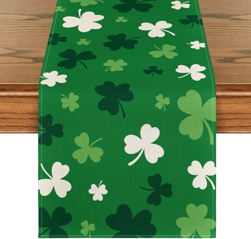 Green Shamrock St. Patrick's Day Table Runner, Seasonal Spring Kitchen Dining Table Decoration for Home Party Decor 13x72 Inch