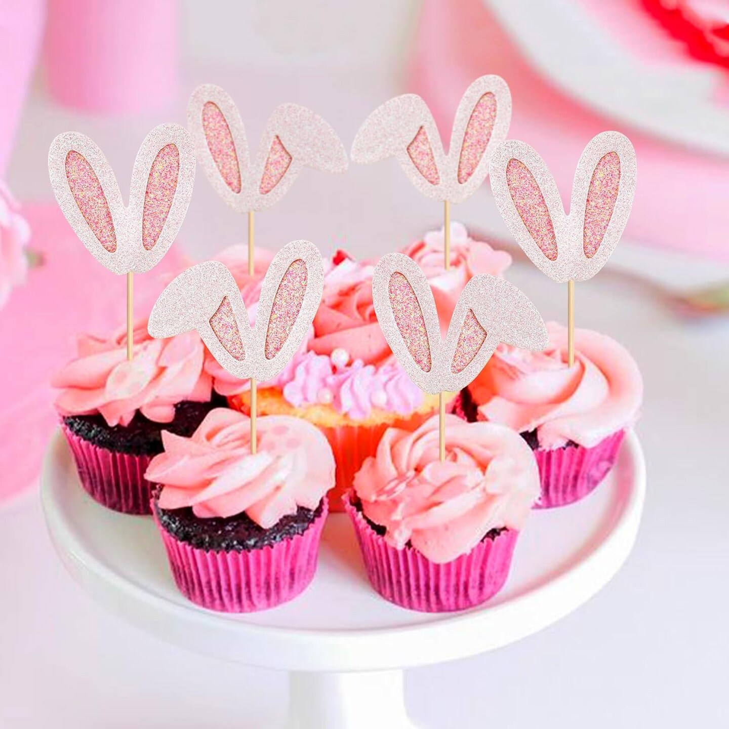 24 Pack Easter Bunny Ear Cupcake Toppers, Pink Glitter Rabbit Ears Cupcake Picks, Easter Day Cake Toppers for Easter Theme Spring Birthday Baby Shower Party Supplies
