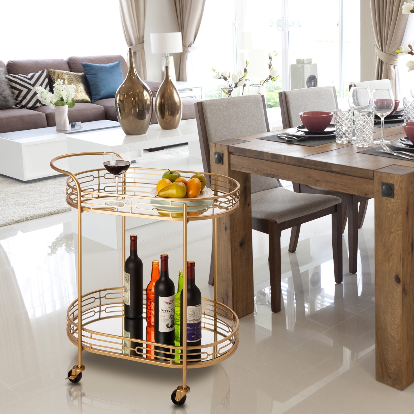 30.75&#x22;H Deluxe 2-Tier Metal Oval Mirrored Bar Cart -Golden