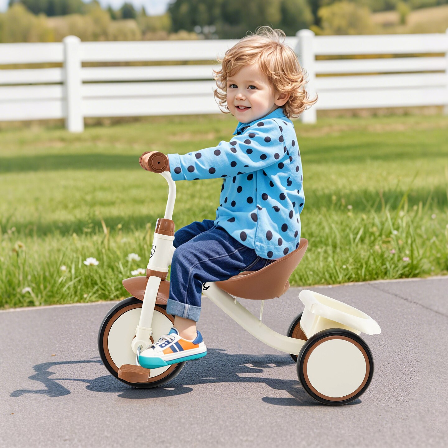 Metal Tricycle Kids Trike with Adjustable Seat and Storage Basket for Ages 3-5 Years