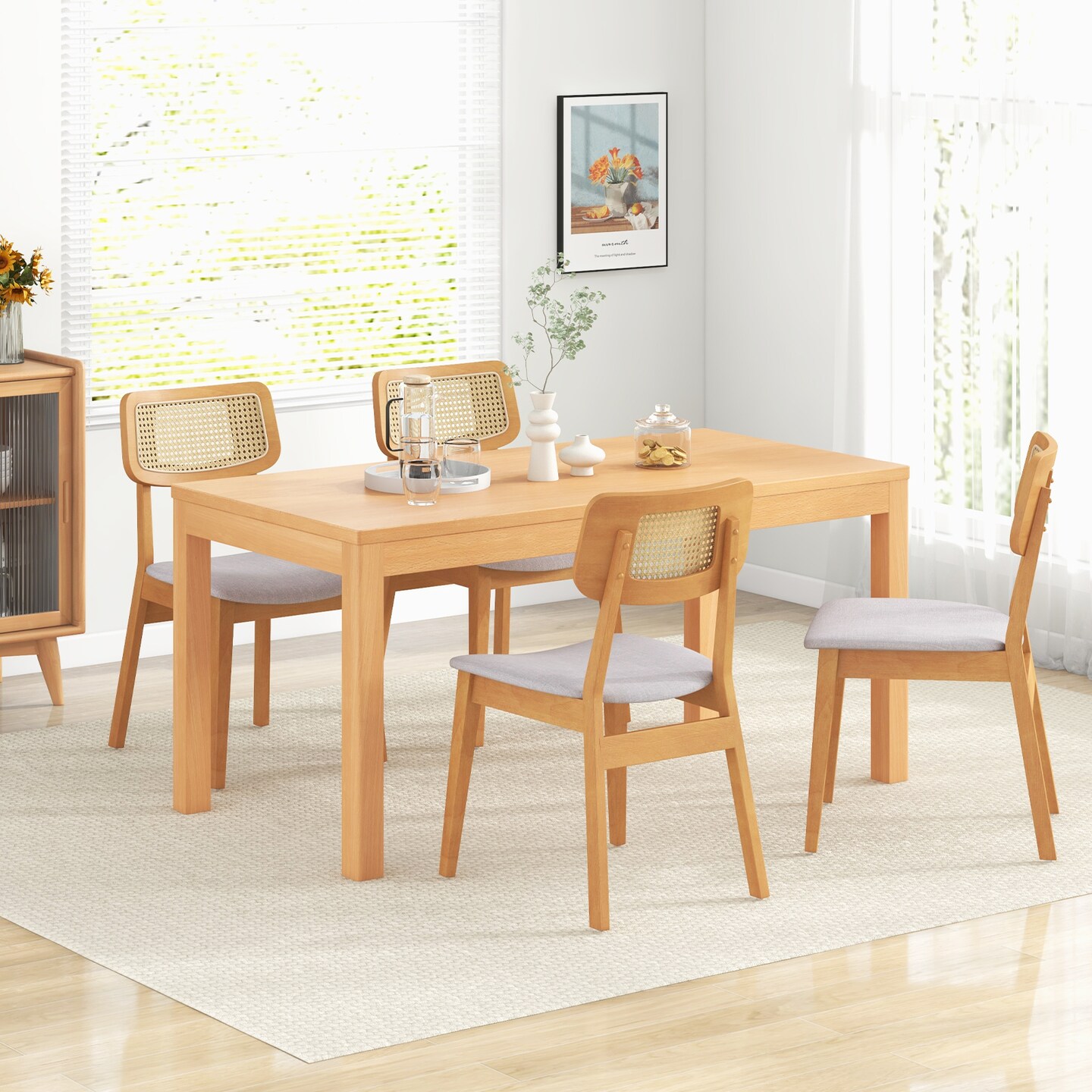 Rattan Dining Chair Set of 2 with Can Back and Rubber Wood Frame-Natural