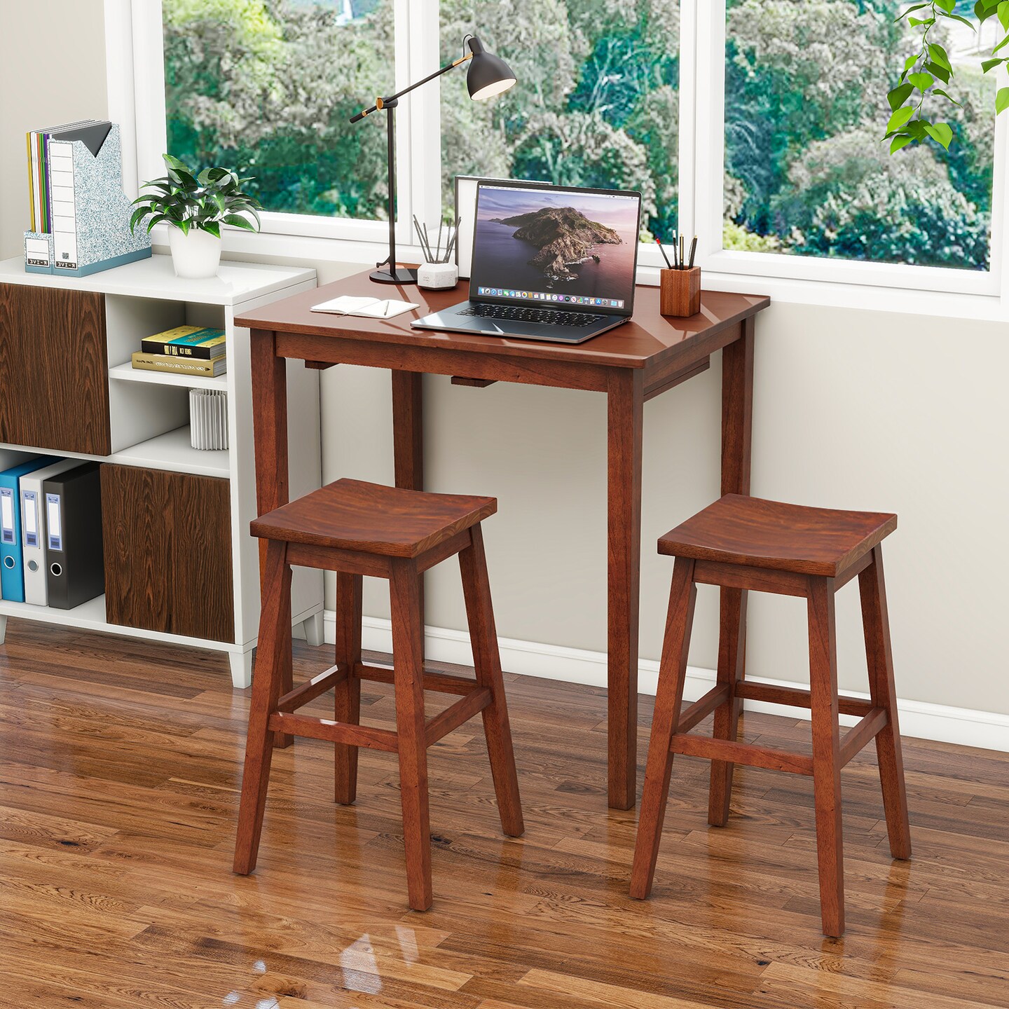 3-Piece Bar Table Set with Pub Table and 2 Saddle Stools-Brown