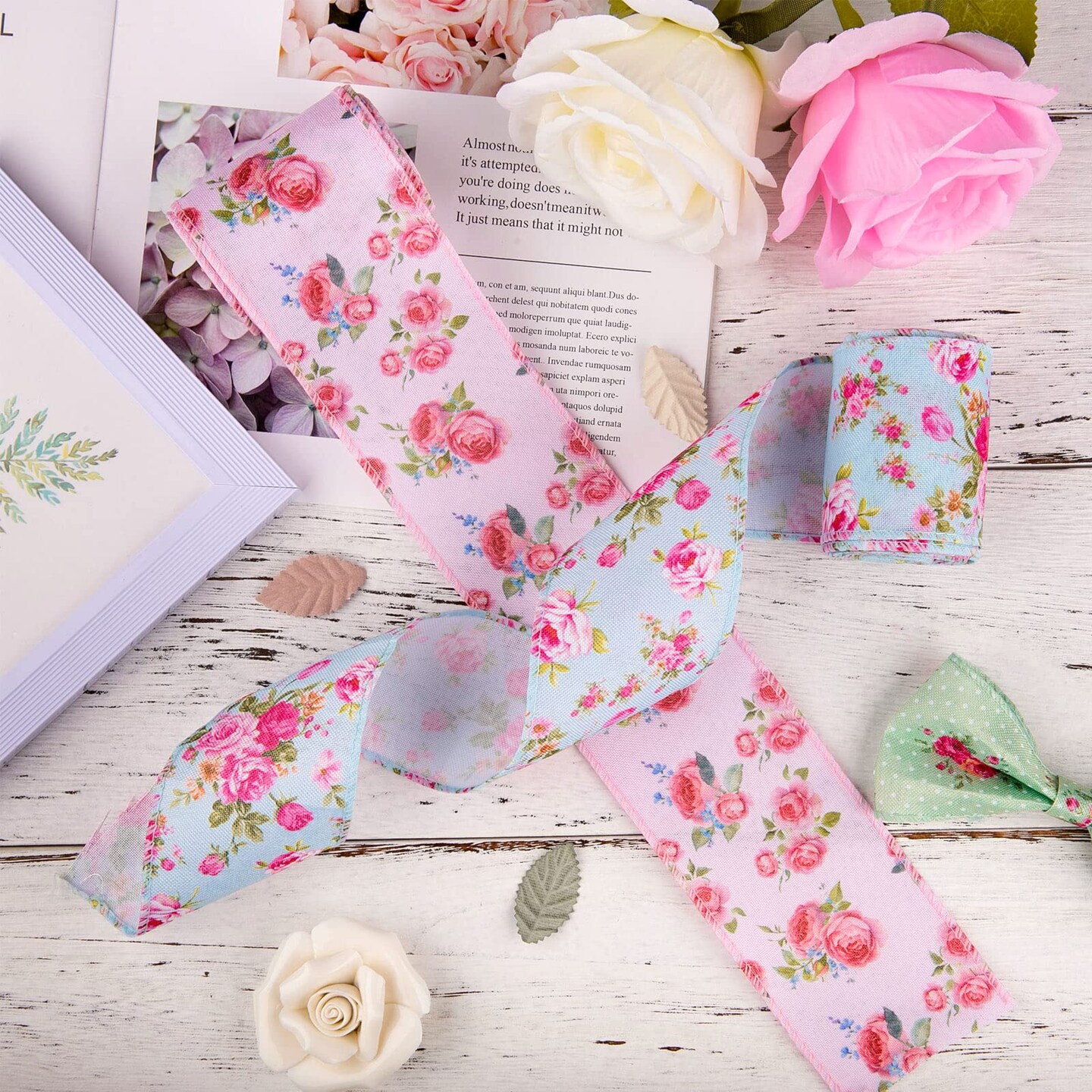 Vintage Floral Wired Edge Ribbon Spring Rose Flower Pattern Ribbon 4 Rolls Summer Floral Fabric Decorative Craft Ribbon for Gift Wrapping Decor Hair Bow Sewing Wreath Crafts, 20 Yard x 2.5 in