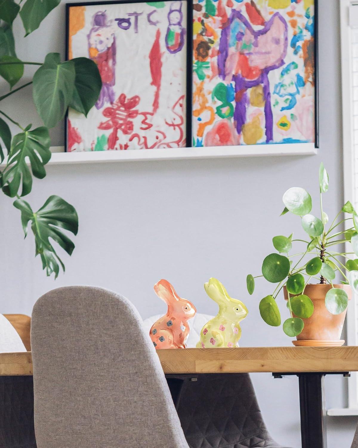 Easter Bunny Decorations Set of 2, Pink and Yellow Glass Rabbit Figurines with Delightful Flower for Spring Tabletop Decor, Indoor Home Decor