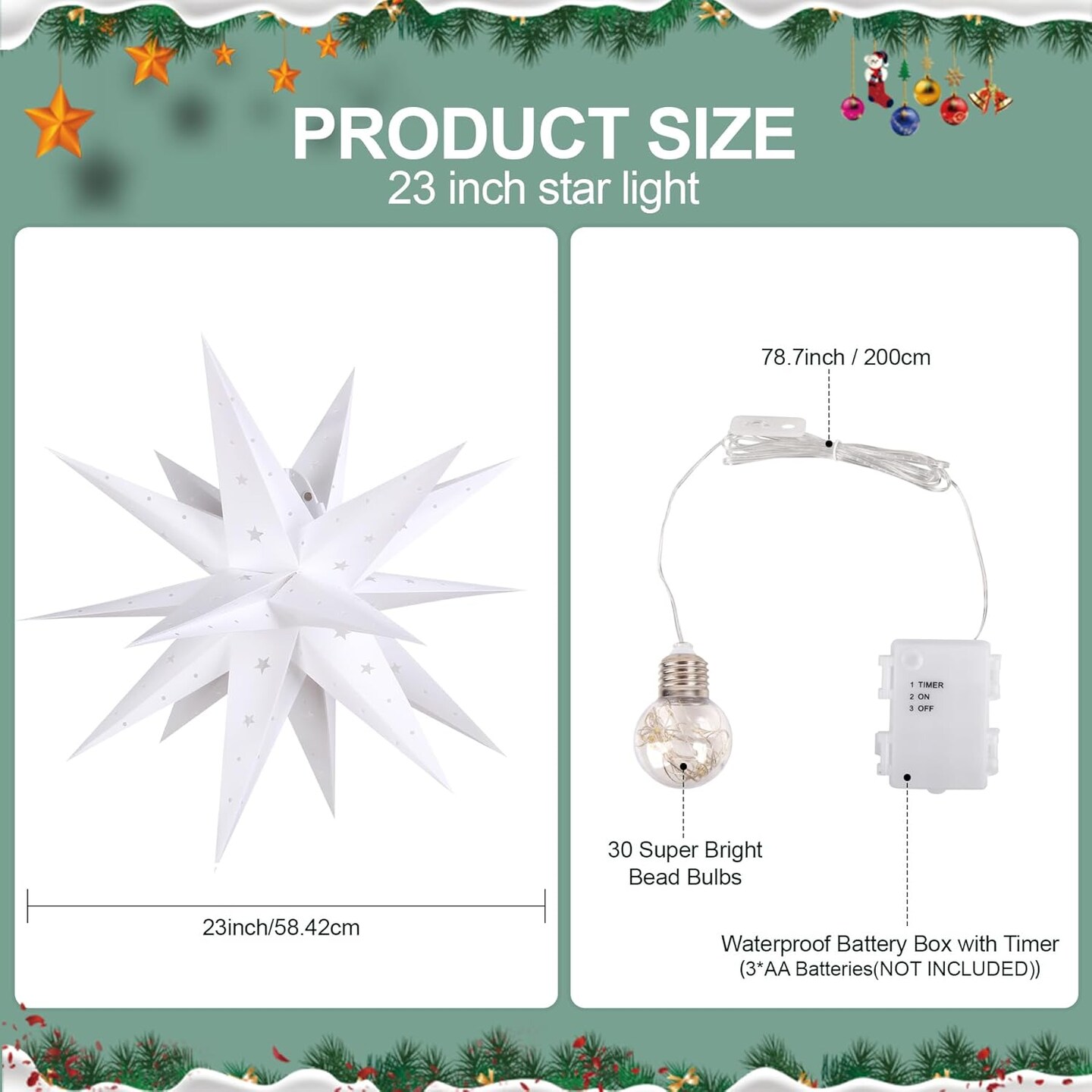 23&#x22; Moravian Star Outdoor Light, Waterproof 3D Christmas Tree Topper Lamp with Timer Function