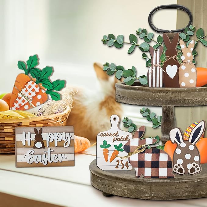 Easter Bunny Tiered Tray Decor, Farmhouse Tiered Tray Decorations, Happy Easter Bunny Carrots Buffalo Plaid Wooden Signs, Spring Rustic Rabbit Decor for Home Table Mantel Church Party