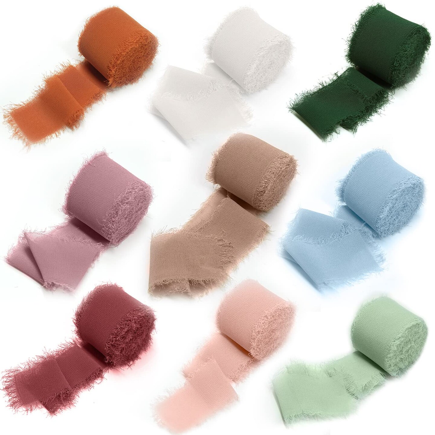 Chiffon Ribbon Fringe Silk Ribbon 9 Rolls Handmade Frayed Edges Ribbon 1.5 Inch x 3 Yard Fabric Boho Ribbon for Gift Wrapping Wedding Invitations Decoration DIY Craft Bridal Bouquets