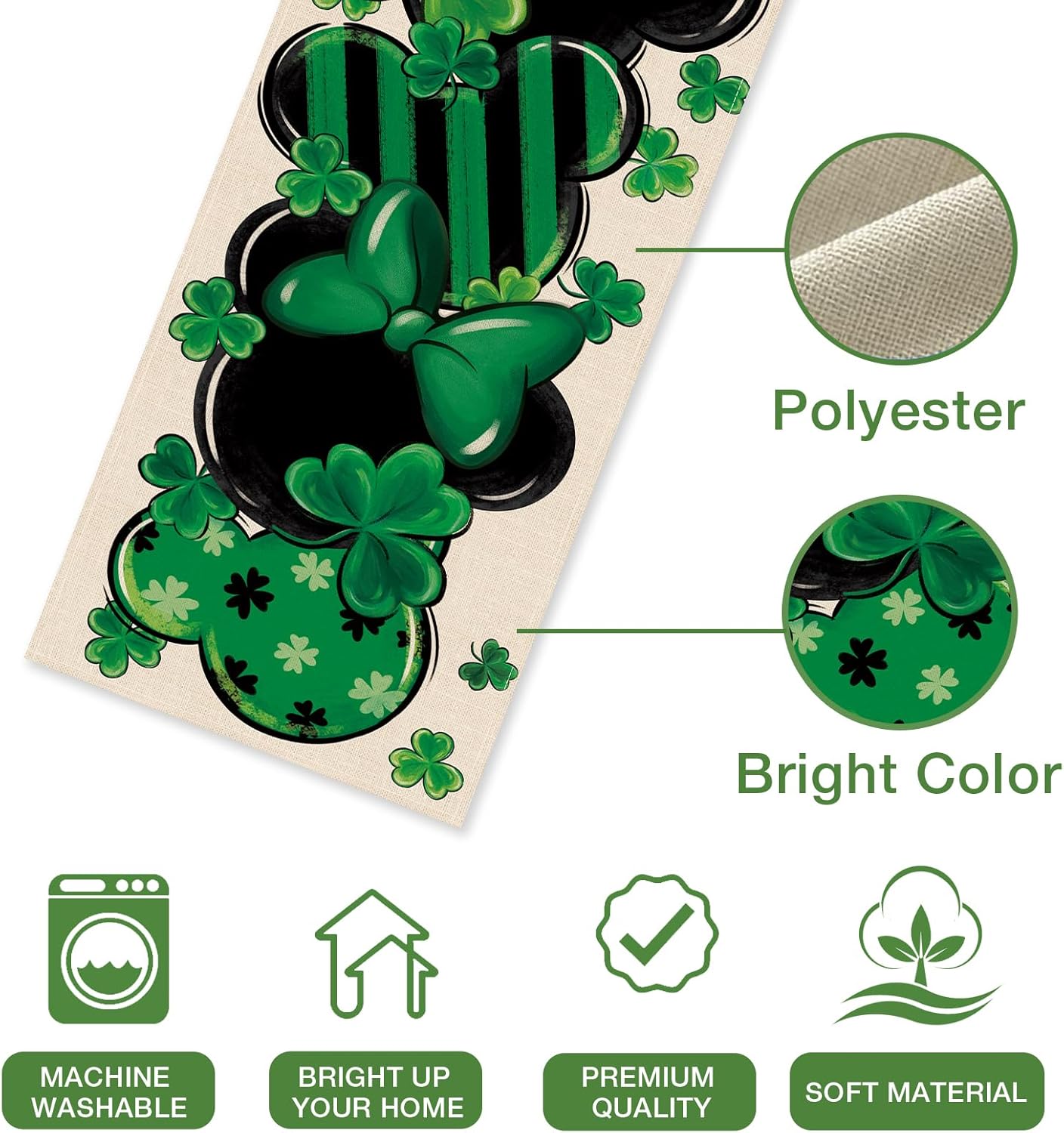 St. Patrick&#x27;s Day Table Runner, Shamrock Clover Top Hat Stripes Ladybug Kitchen Dining Table Decor, Irish Spring Home Decoration Indoor Outdoor Party Supply 13 x 72 Inches