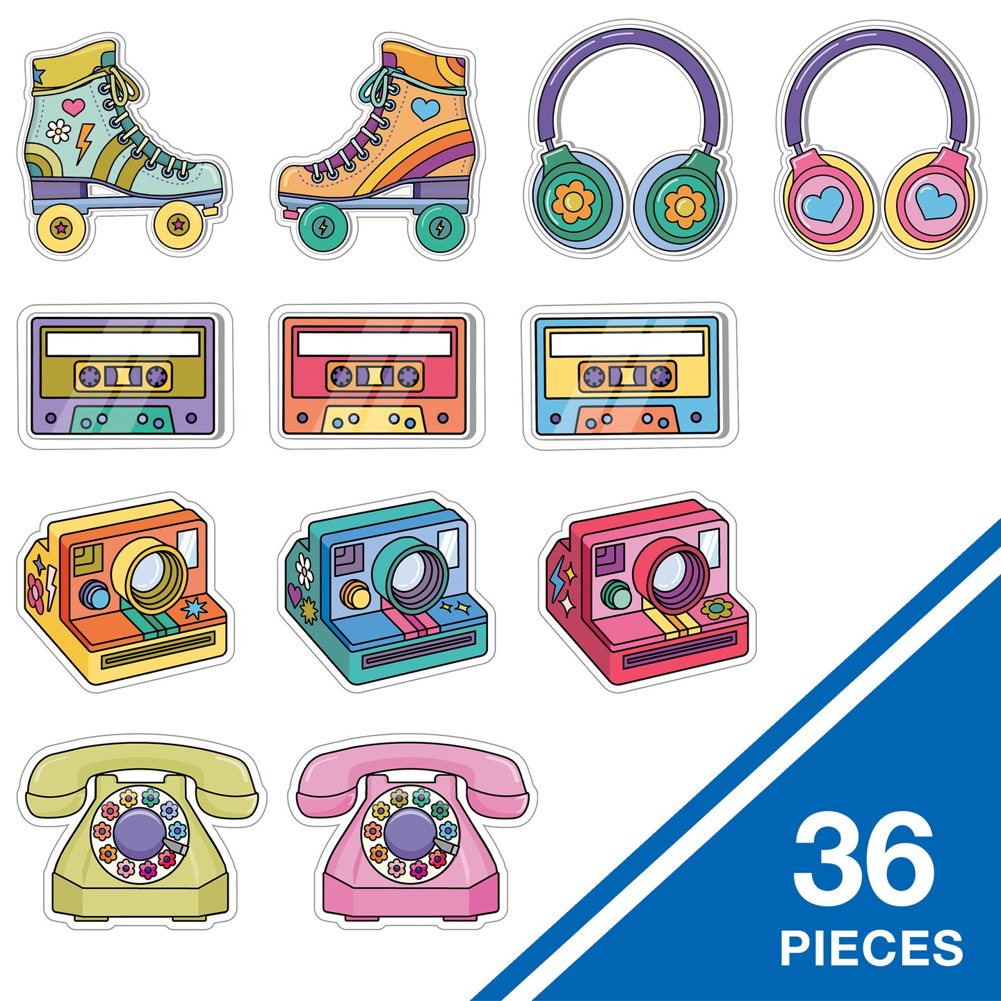 Happily Ever Elementary Retro Remix 36-Piece Groovy Bulletin Board Decorations, Vintage Headphone, Retro Cassette Tapes, Camera, Telephone, Roller Skates 70s, 80s, 90s Party and Classroom Decor