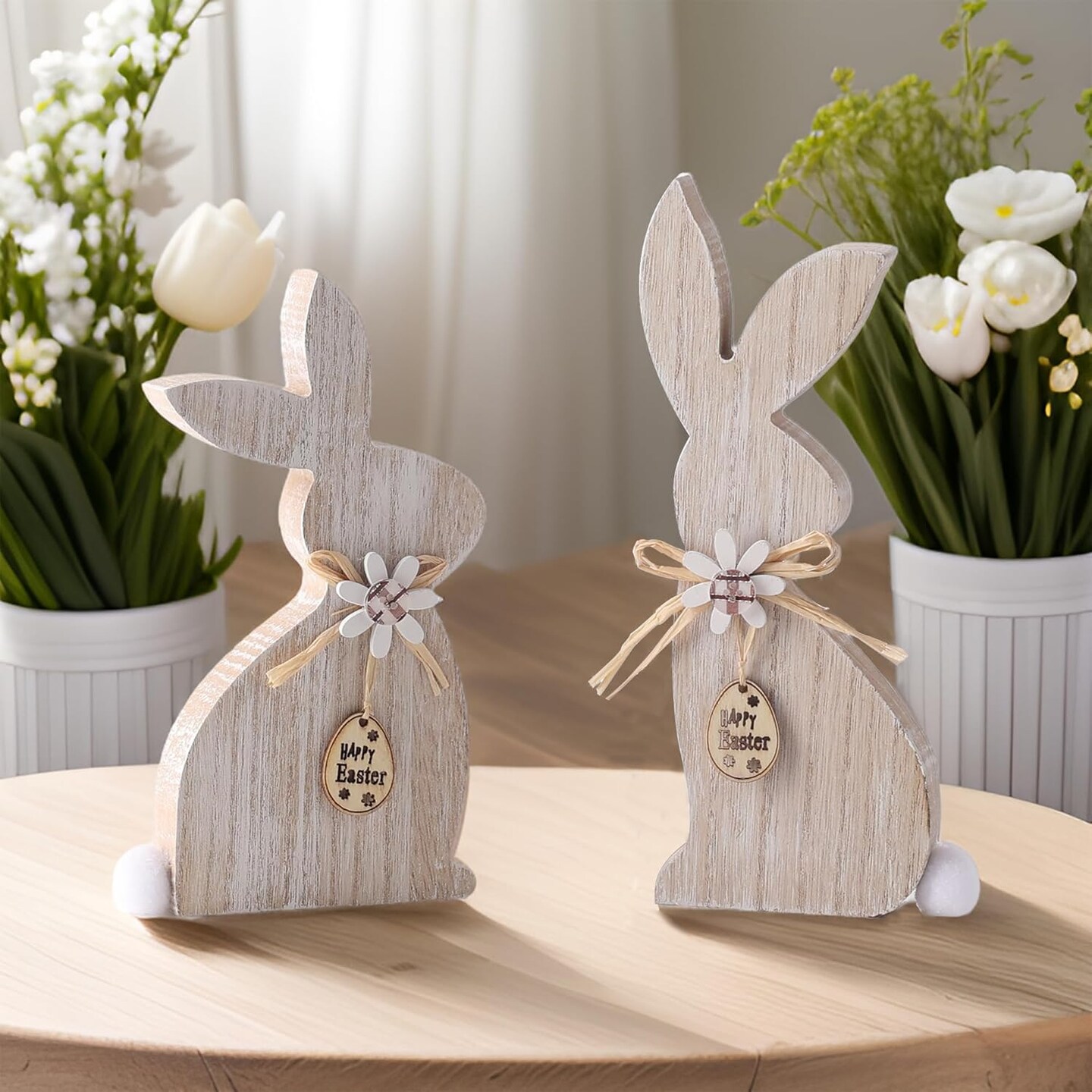 2 Piece Easter Wooden Bunny Decor - Farmhouse Sitting Wood Bunnies Sign