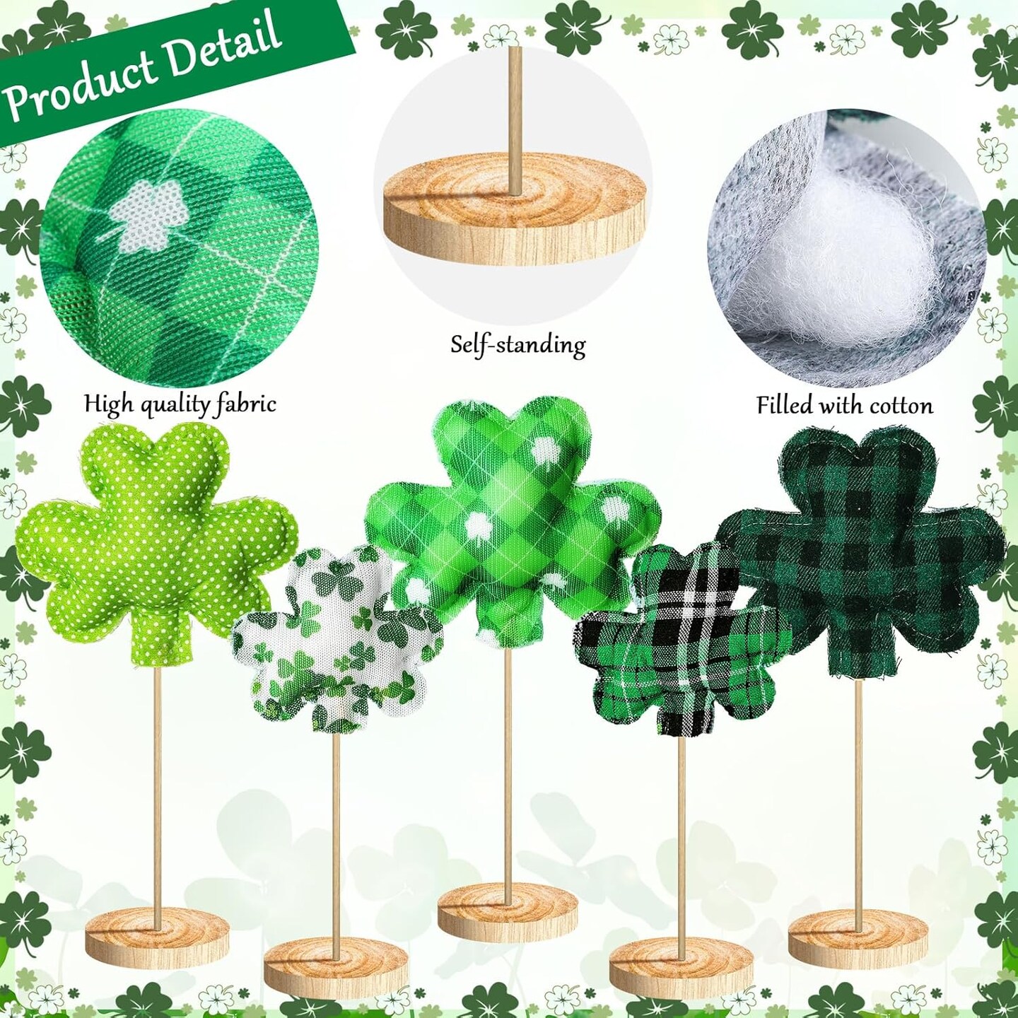 5 Pcs St Patrick's Day Table Wood Sign Fabric Shamrock Tabletop Standing Decor Irish Block 3D Rustic Freestanding Table Centerpiece for Wedding Party Farmhouse Fireplace Mantel(Shamrock)