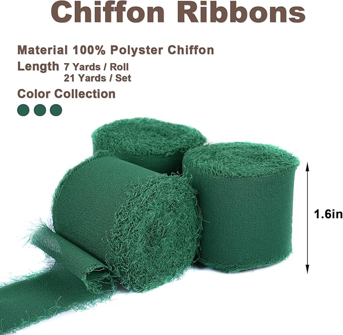 3 Rolls Bright Green Handmade Fringe Chiffon Ribbon 1.5&#x22; x 7Yd Silk-Like Ribbon Colorful Rustic Ribbon for Bouquets Wrapping Decor Wedding Tie Invitations Crafts
