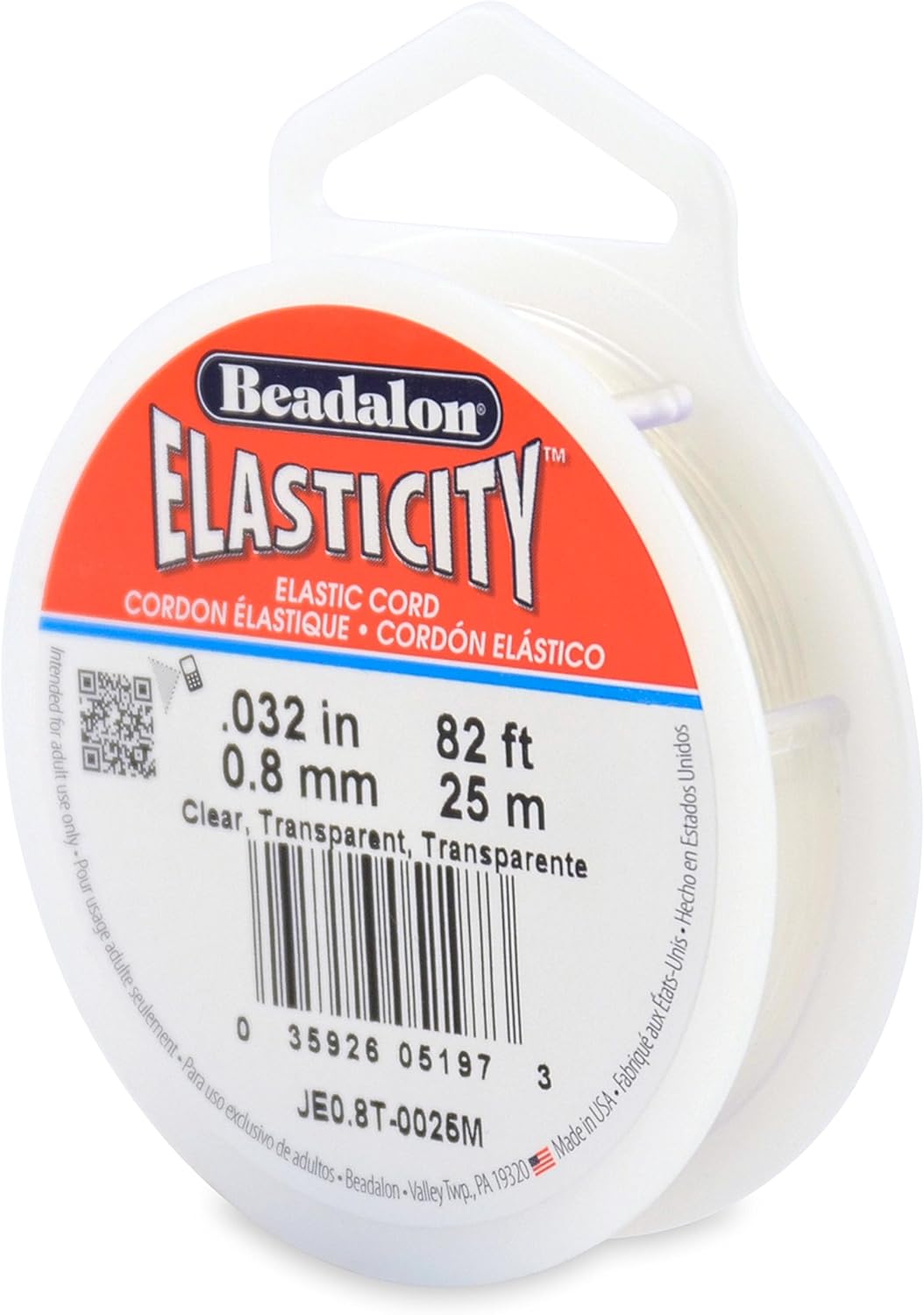 Beadalon Elasticity Stretch Cord, 0.8 mm / .032 in, Clear, 25 m / 82 ft