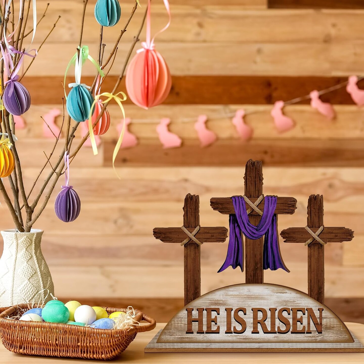 Easter Table Decor He is Risen Decor Wooden Cross Tabletop Signs Christian Table Centerpiece Religious