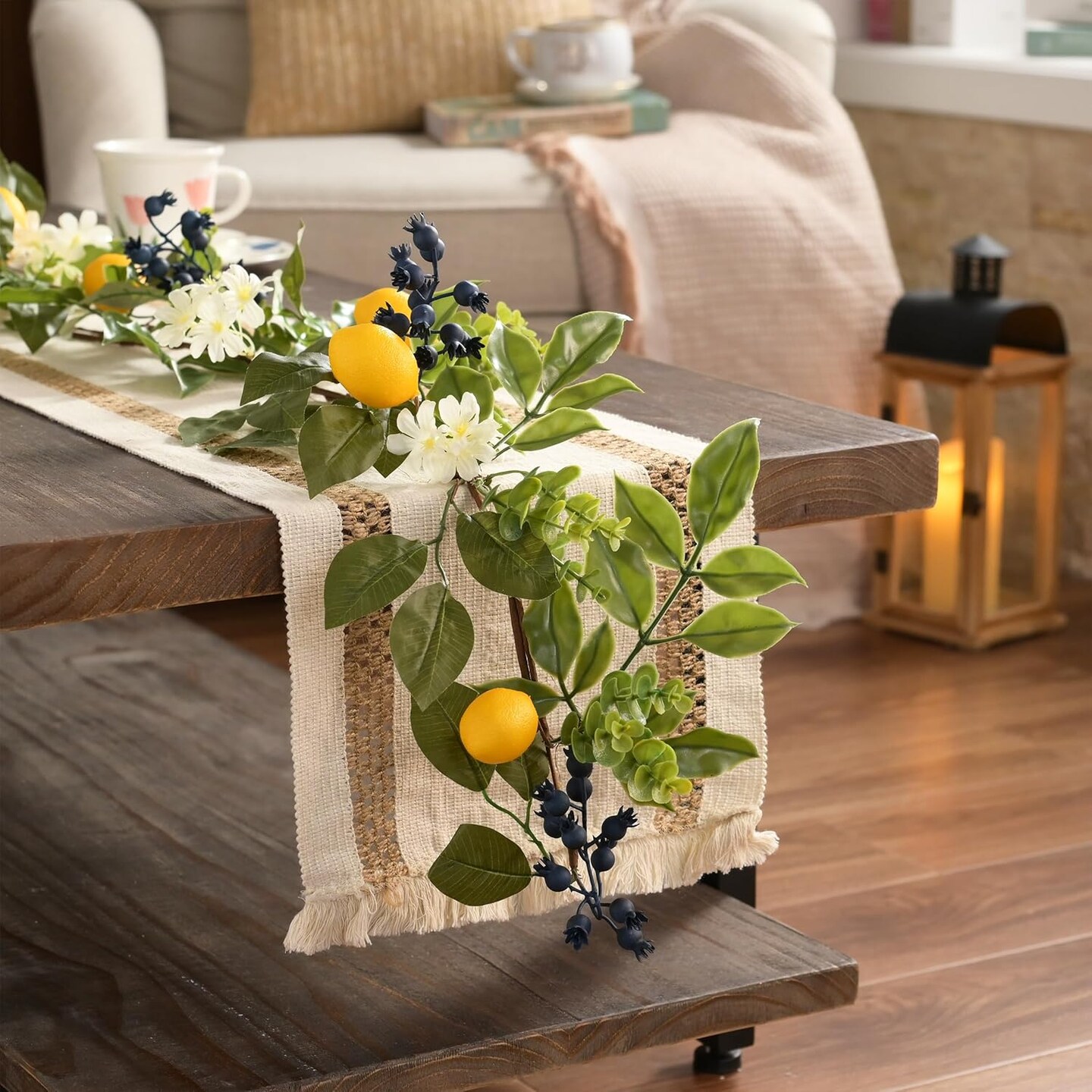 Spring Artificial Lemon Garland for Mantle with Lights, 6FT Summer Fake Fruit Garland Decoration for Stairs, Thin Faux Floral Greenery Vine for Table Centrepiece Farmhouse Home Decor