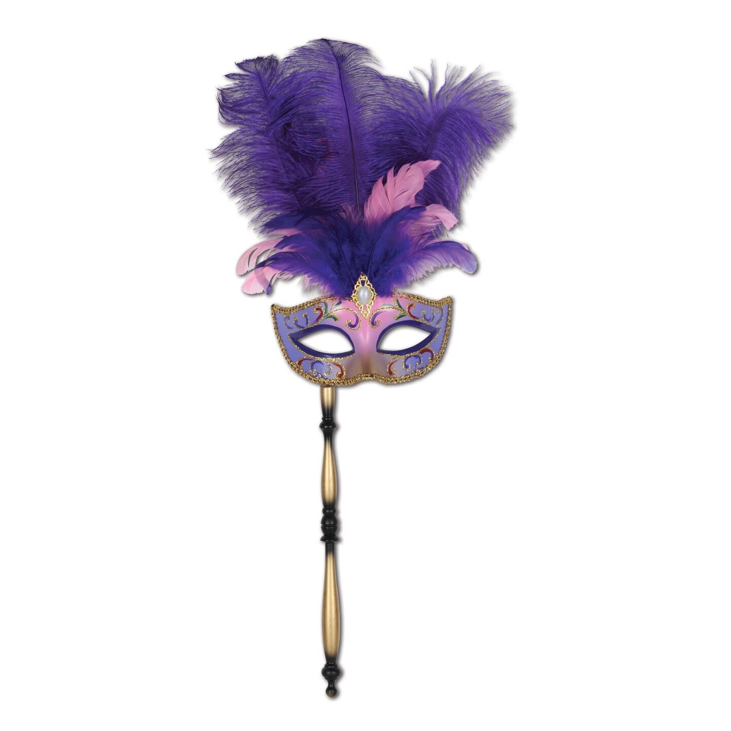 12 Pack Bulk Glitttered Feather Mardi Gras Costume Mask with Stick- Purple