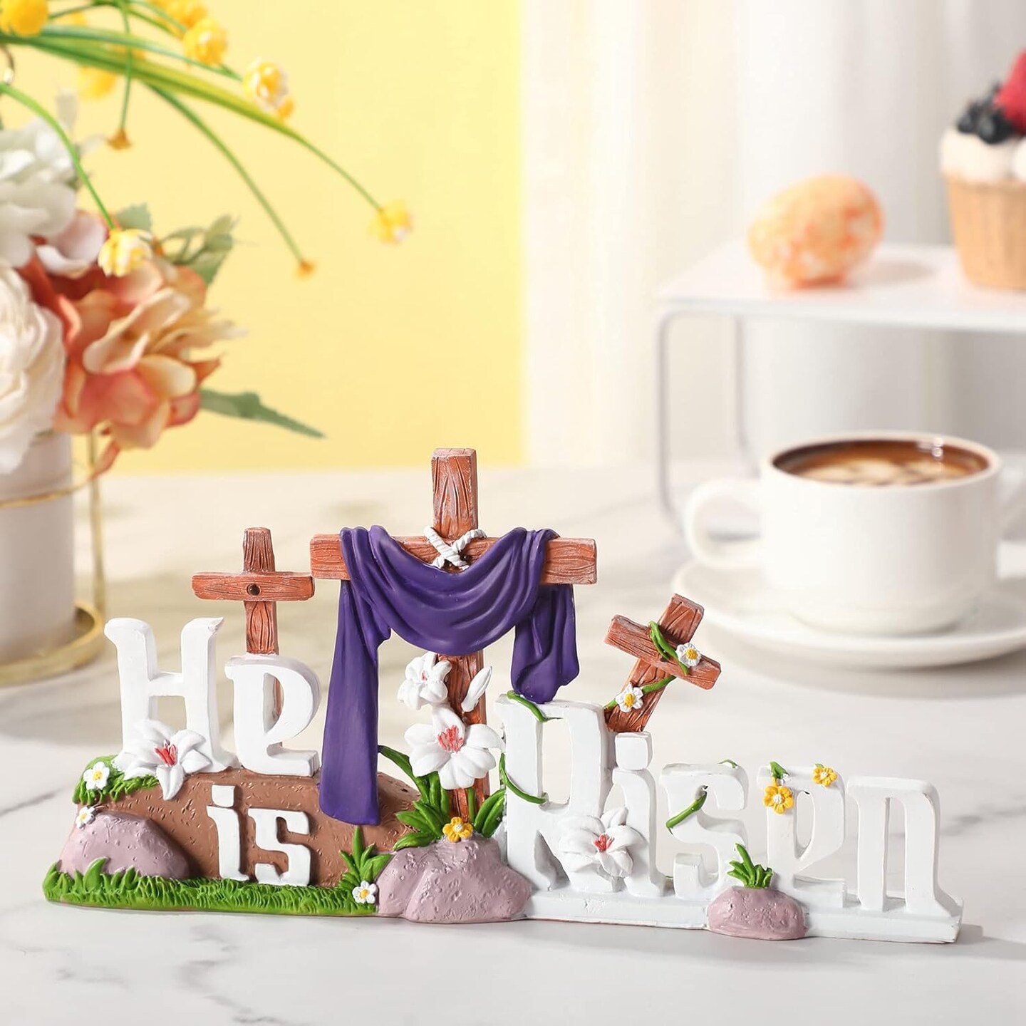 He is Risen Table Top Decoration Religious Easter Resin Cross Lily Flowers Jesus Hanger Table Centerpieces Easter Christian Sign for Rustic Farmhouse Home Room Dining Birthday Spring Decor(Cross)