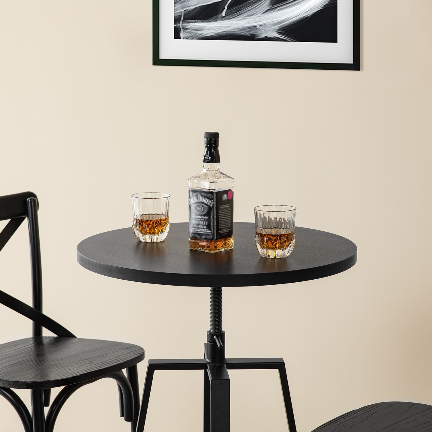 Pub Table/Stools Set - Modern Adjustable Round Bar Table and Round Black Steel Bar Stools