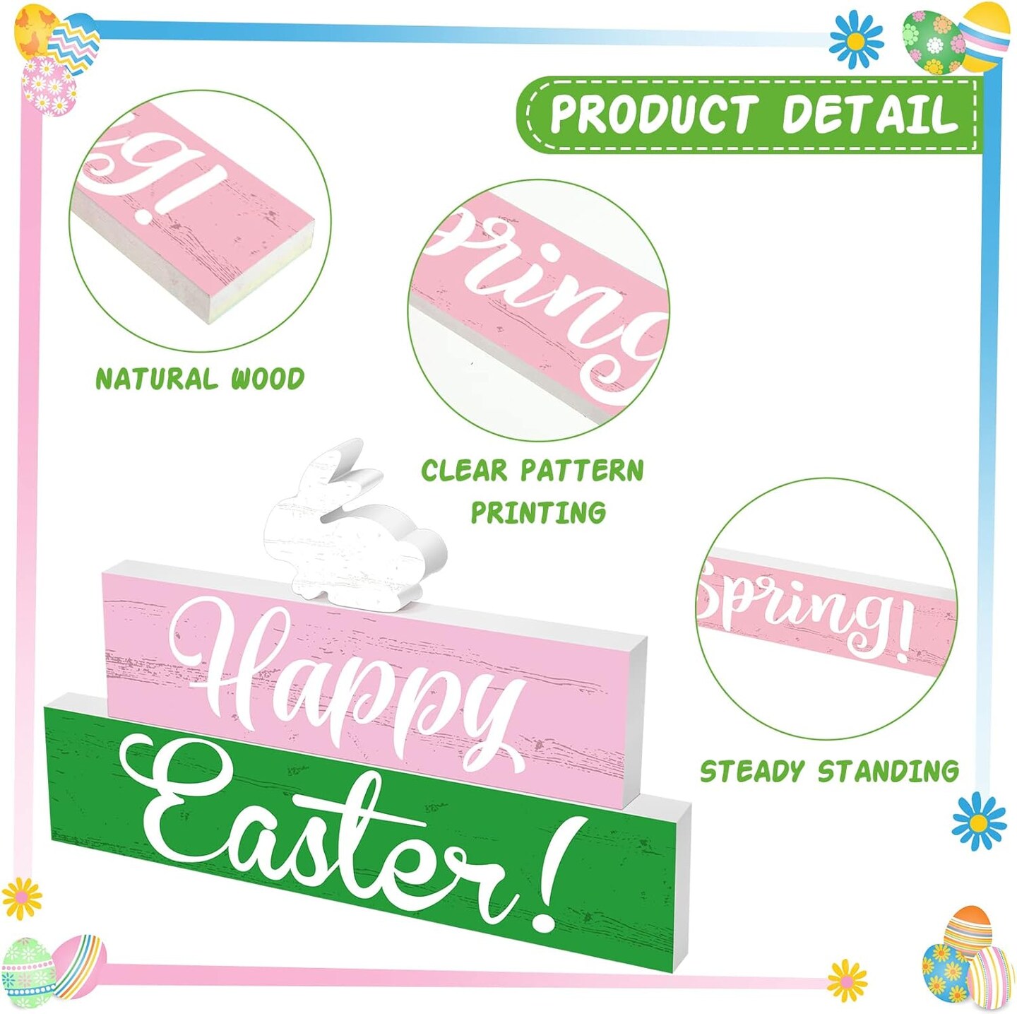 4 Pcs Spring and Easter Decorations Reversible Spring Wooden Signs Double Sided Rustic Welcome Spring Table Centerpieces Easter Tiered Tray Decor Bunny Wood Block for Home Tabletop Shelf Decor