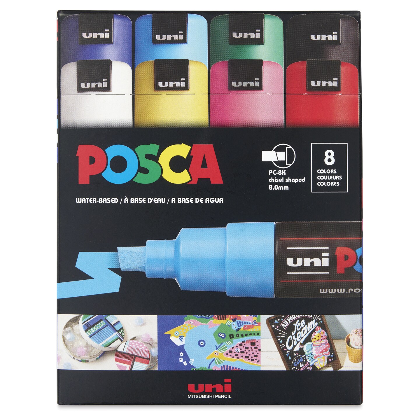 Posca Paint Markers - Set of 8, Classic Colors, Broad Chisel Tip, 8 mm