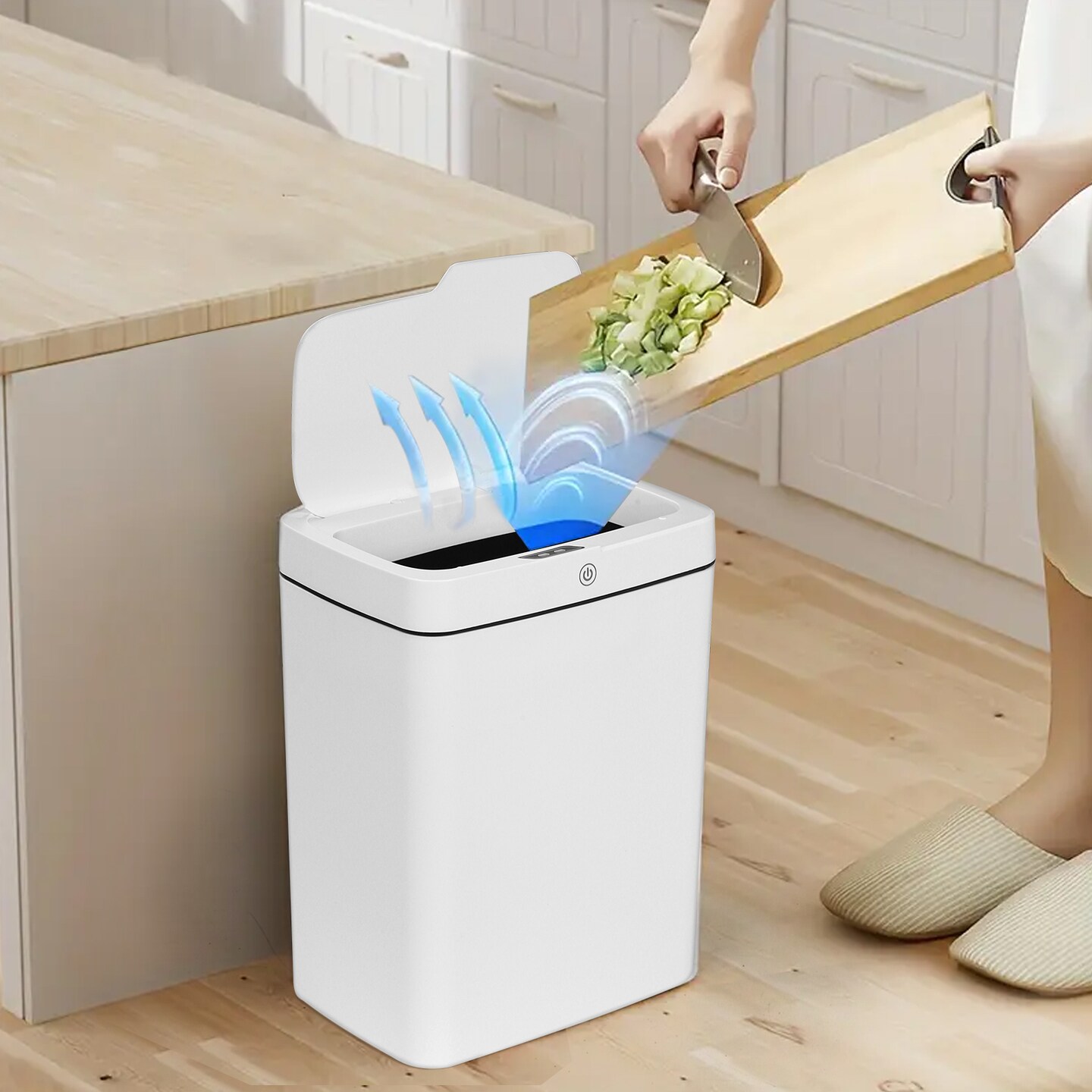 Smart White Bathroom Trash Can with Touchless Motion Sensor - Slim Design, 3-Mode Opening (Motion, Manual, Kick), Ideal for Cat Litter Disposal, Perfect for Bedroom, Office & Kitchen Use