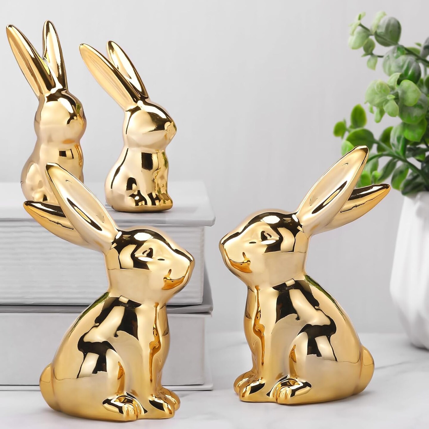 4 Pcs Easter Decorations Golden Bunny Figurines Set 4.5'' and 3'' Ceramic Easter Rabbit Statue Vintage Bunny Figurine Gifts for Home Office Table Decor Spring Easter Party Supplies (L, S)