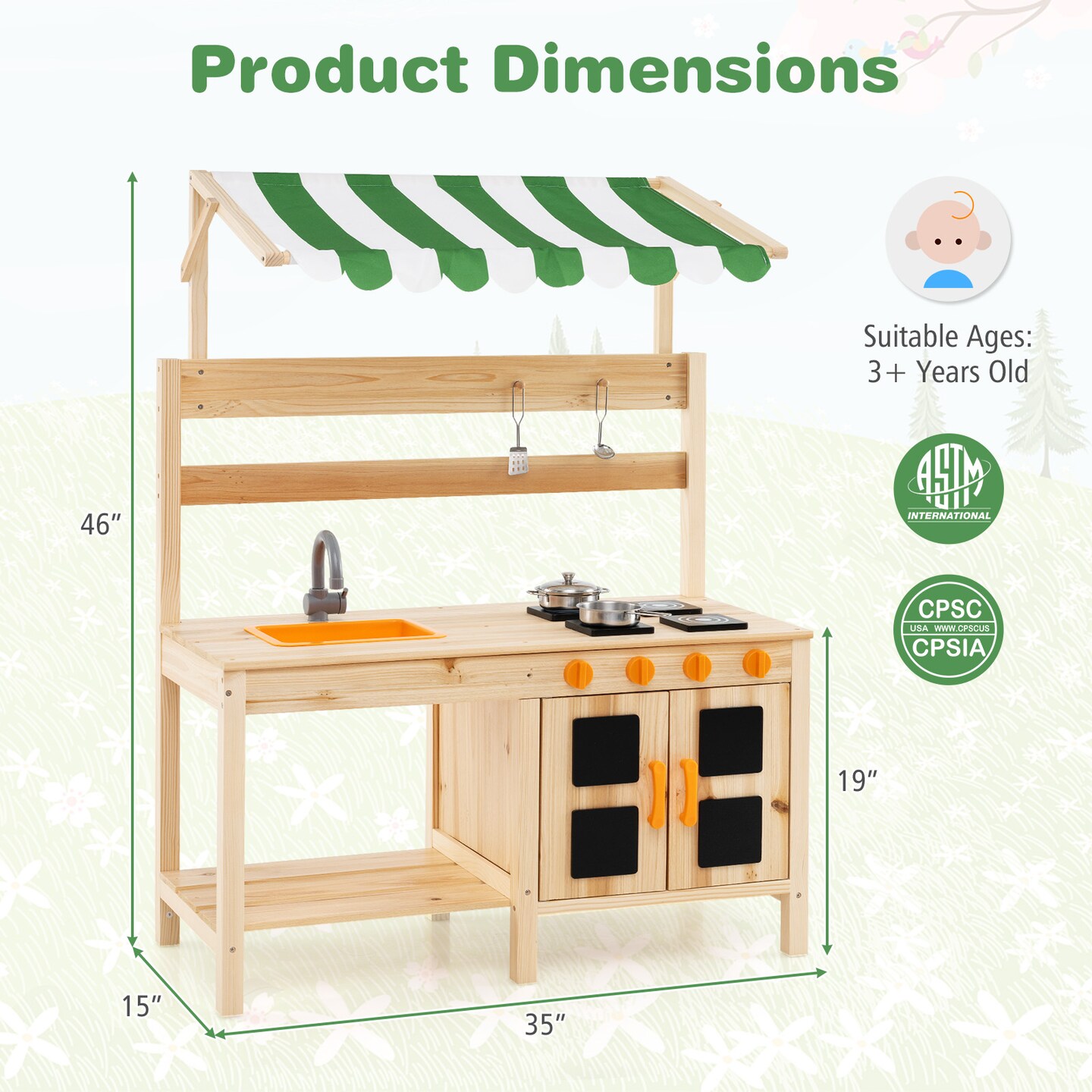 Natural Fir Wood Mud Kitchen with Canopy, Sink, and 4 Stoves – Outdoor Play Kitchen
