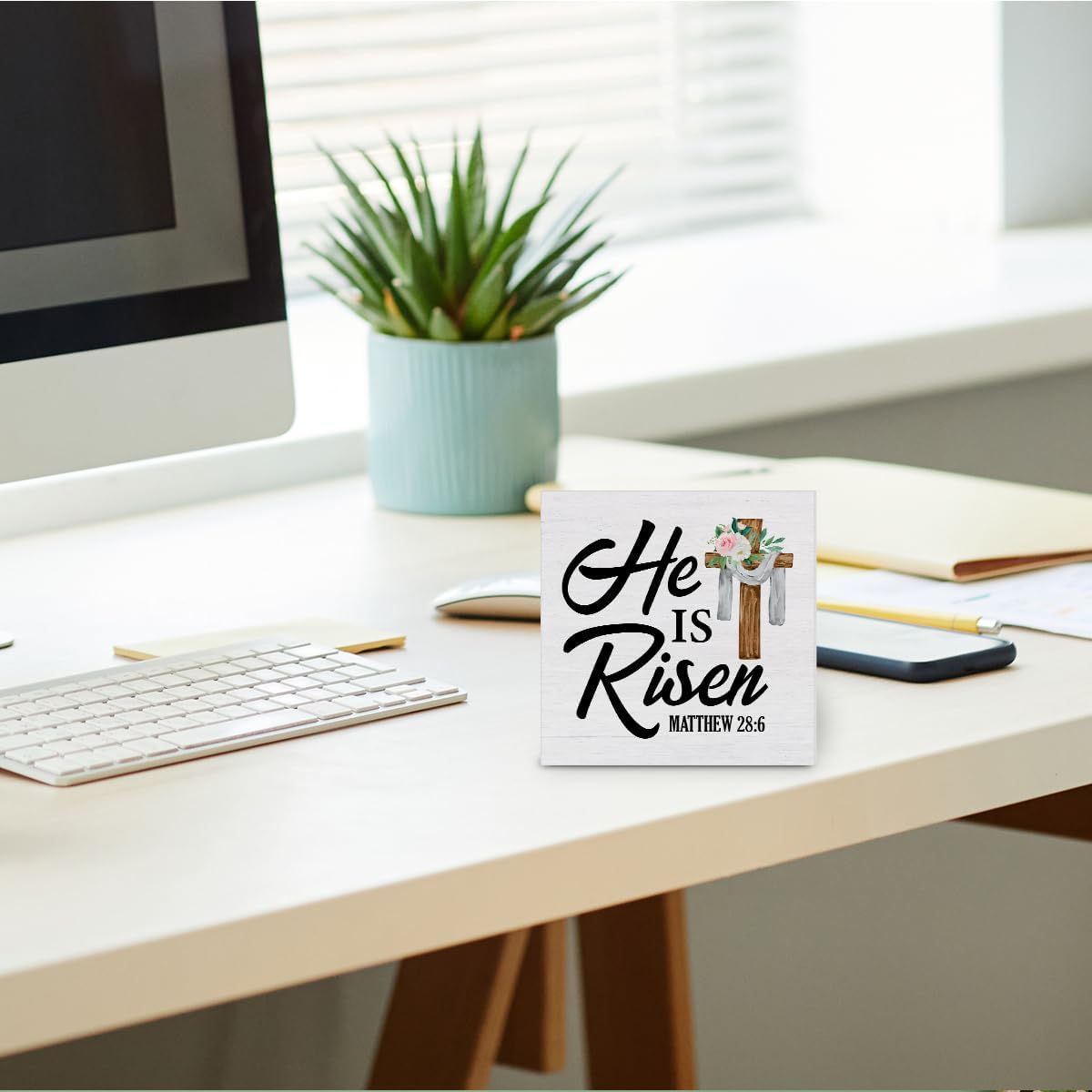 Christian Decor, He is Risen Bible Verse Wood Sign Scripture Easter Decorations Tabletop Shelf Desk Home Decor, 5 X 5 Inches