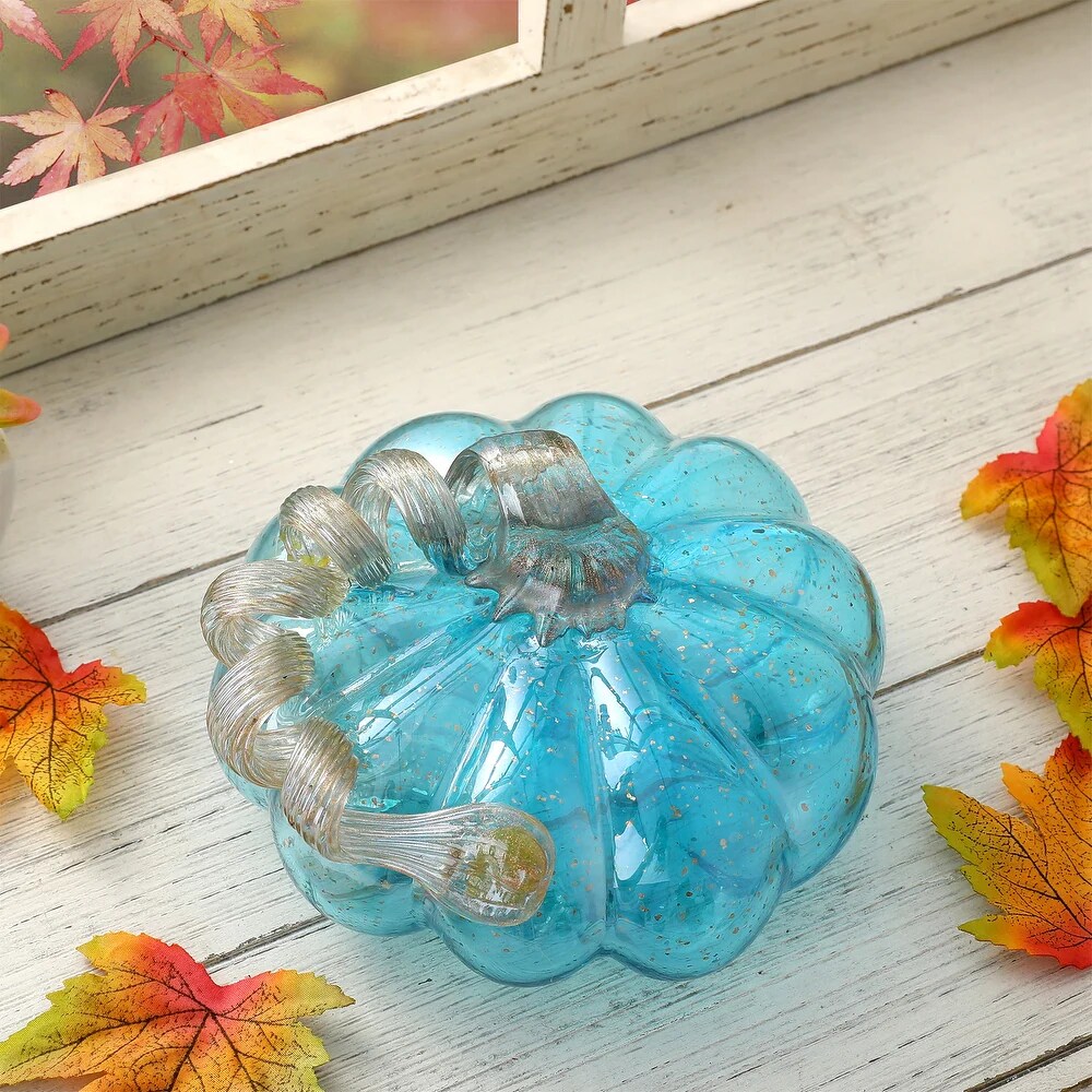 Set of 2 Blue Glass Pumpkin Fall Thanksgiving Table Decors