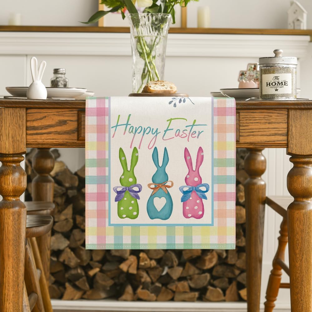 Green Blue Pink Buffalo Plaid Bunny Happy Easter Table Runner