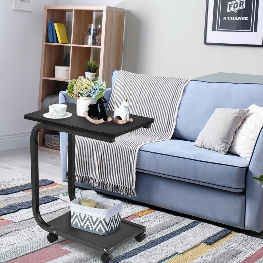 2-Tier Black Side Table with Wheels Rolling Bedside Nightstand with Shelves for Small Spaces